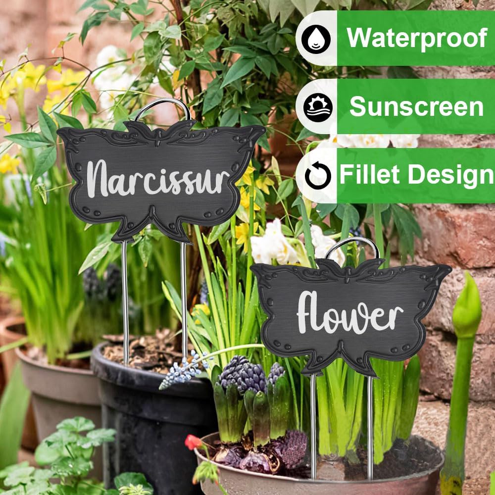 Metal Plant Labels, Tall Outdoor Butterfly Garden Markers for Flowers, Fruits and Vegetables, 304 Stainless Steel Weatherproof Signs (25 Packs, 4" x 2.3", Black Butterfly Design)