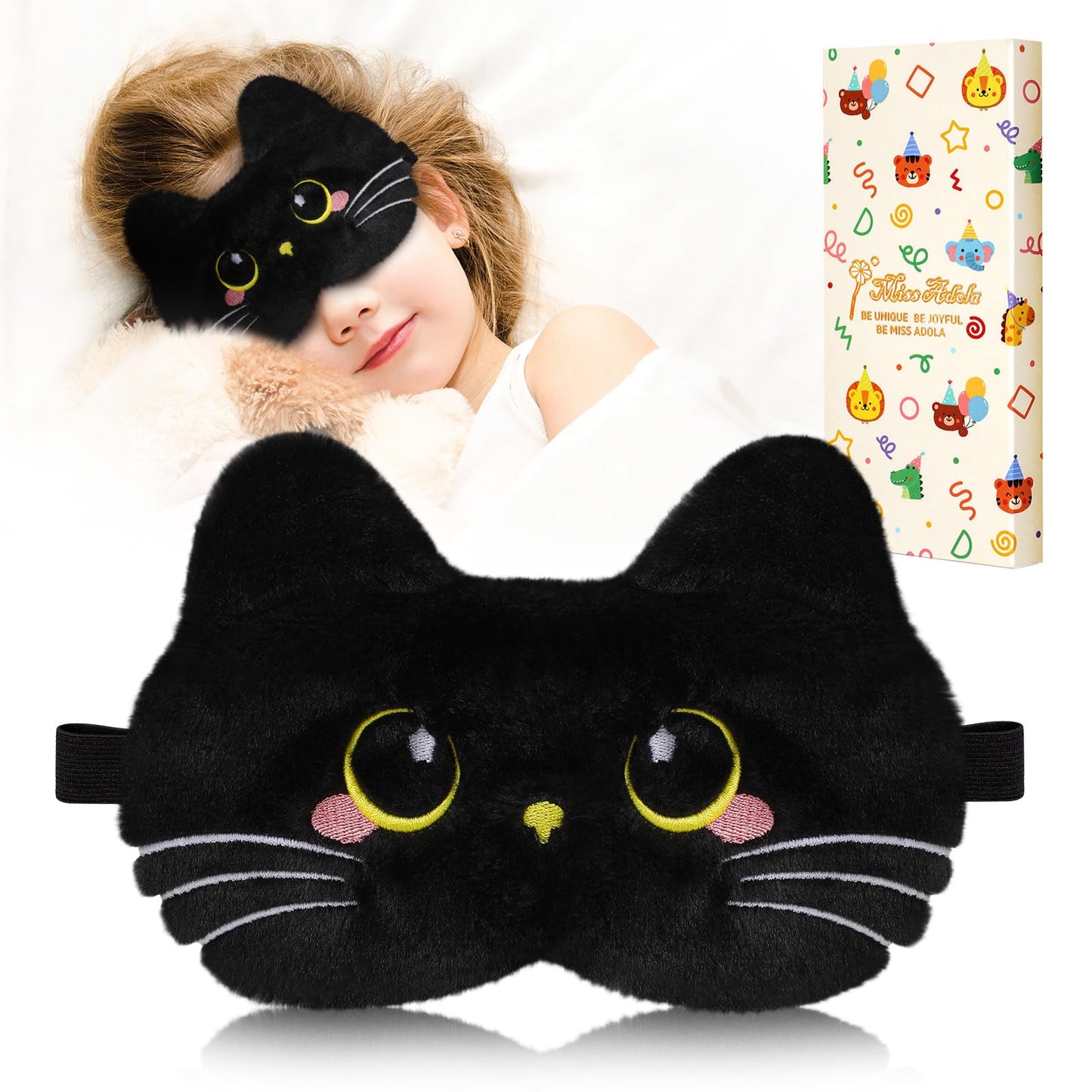 Miss Adola Sleep Mask for Kids - Cute Cartoon Plush Fuffy Sleeping Eye Cover Black Cat Kawaii Soft Eyeshade with Adjustable Strap Animal Eye Blindfold for Kids Girls Boys Teens