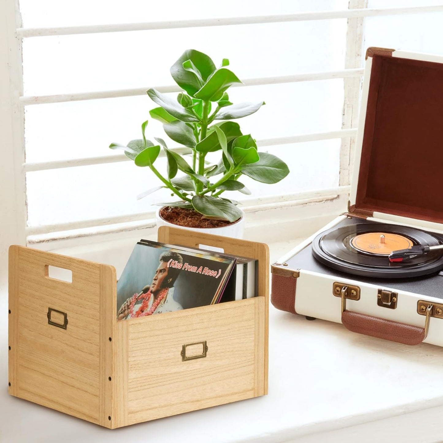 KIRIGEN Wooden Vinyl Record Storage Box Storage Crate Box for LP Hold Up to 80 Records Natural CDH-NA