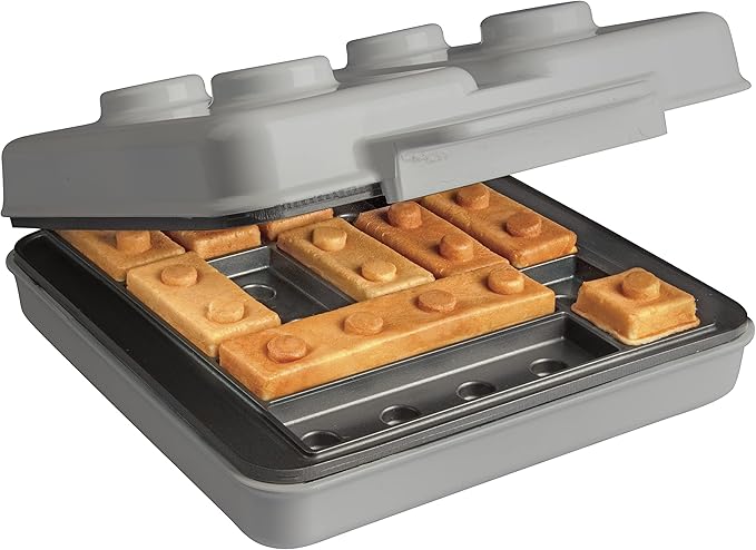 Building Brick Electric Waffle Maker- GREY with 2 Construction Eating Plates- Cook Fun Buildable Gingerbread Man Waffles in Minutes- Revolutionize Breakfast - Stack & Build on Serving Dishes Xmas Gift
