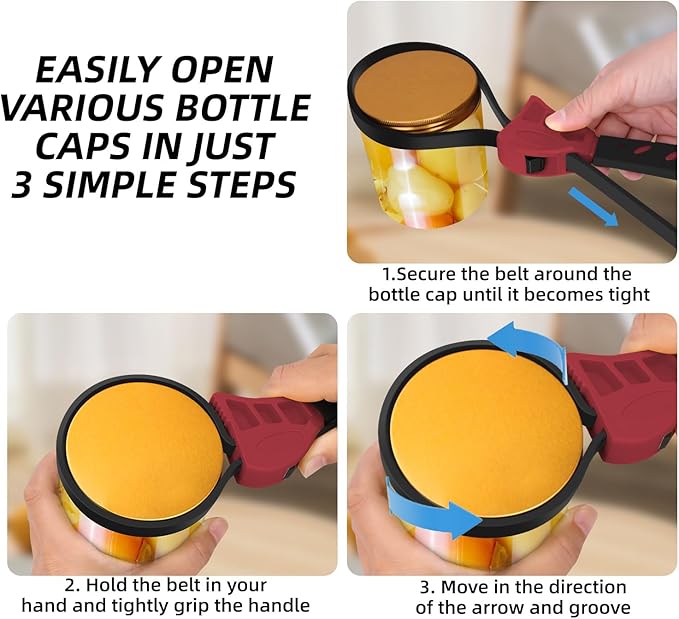 Jar Opener for Weak Hands, Seniors with Arthritis, Strap Adjustable Jar Opener, with Non Slip Rubber, Kitchen Gadgets lid opener jar opener (Red Black)