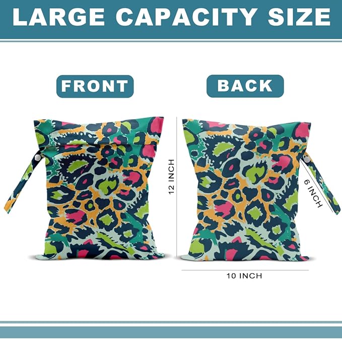 2Pcs Leopard Wet Bag 12x10 Inch, Colorful Leopard Print Waterproof Travel Laundry Bags, Washable Reusable Wet Dry Bag for Swimsuit Beach Diapers Dirty Yoga Gym Clothes, Travel Gifts for Women Friend