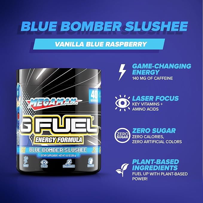 G Fuel Megaman Energy Drink Powder, Pre Workout Caffeine Mix for Gaming, Sugar Free Focus Amino, Vitamin + Antioxidants, 9.9oz (Blue Slushee, 40 Servings)