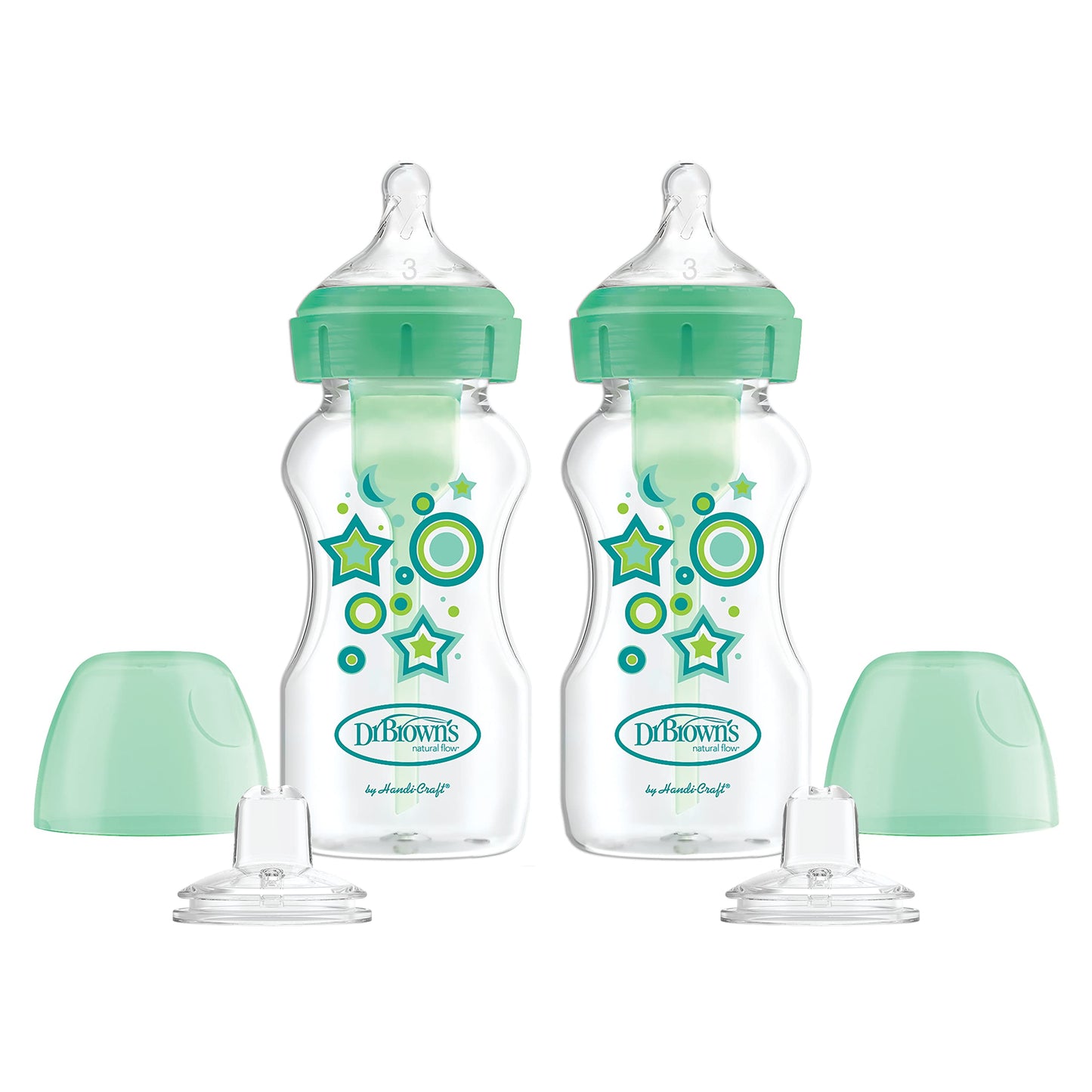 Dr. Brown's Anti-Colic Options+ Wide-Neck Sippy Bottle Starter Kit, 9oz/270mL, with Level 3 Medium-Fast Flow Nipple and Soft 100% Silicone Sippy Spout, Green, BPA Free, 6m+, 2 Pack
