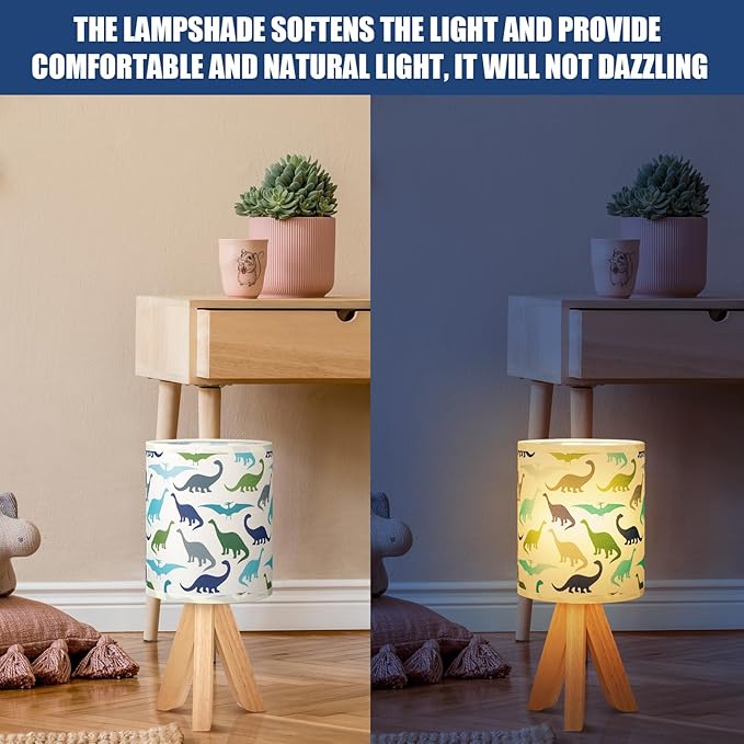 VIHOSE Dinosaur Kids Table Lamp for Bedroom Kids Bedside Lamp with Linen Wooden Nightstand Cartoon Nursery Lampshade for Girls Boys Living Room