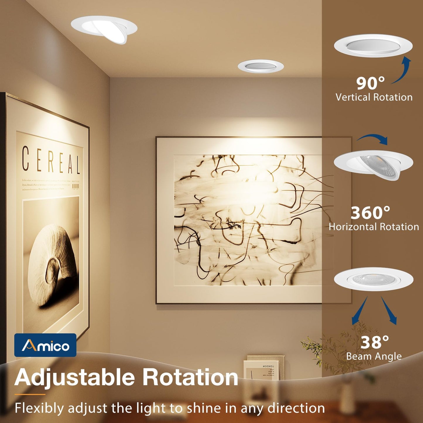 Amico 12 Pack 4 Inch 5CCT Gimbal LED Recessed Lighting, 360°&90°Adjustable Eyeball Directional Downlight, Dimmable, 2700K/3000K/3500K/4000K/5000K Selectable, 9W 700LM CRI90+, White, ETL&FCC