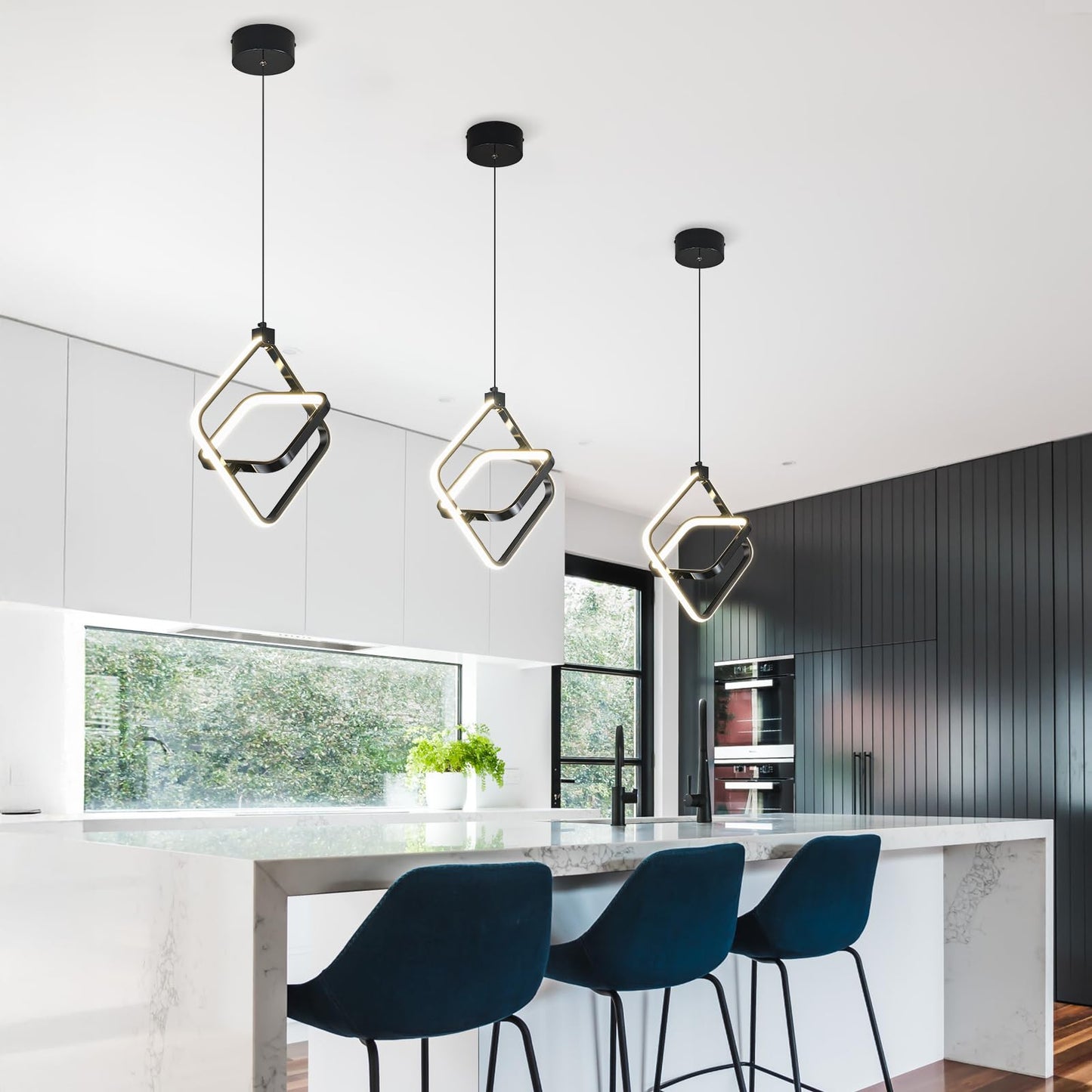 Bnhhlz Modern Led Pendant Lights Plated Black Rectangular Pendant Light Fixtures 4000K 20W Dimmable Pendant Lighting For Dining Room Kitchen Island Bedroom Living Room Foyer(3-Pack)
