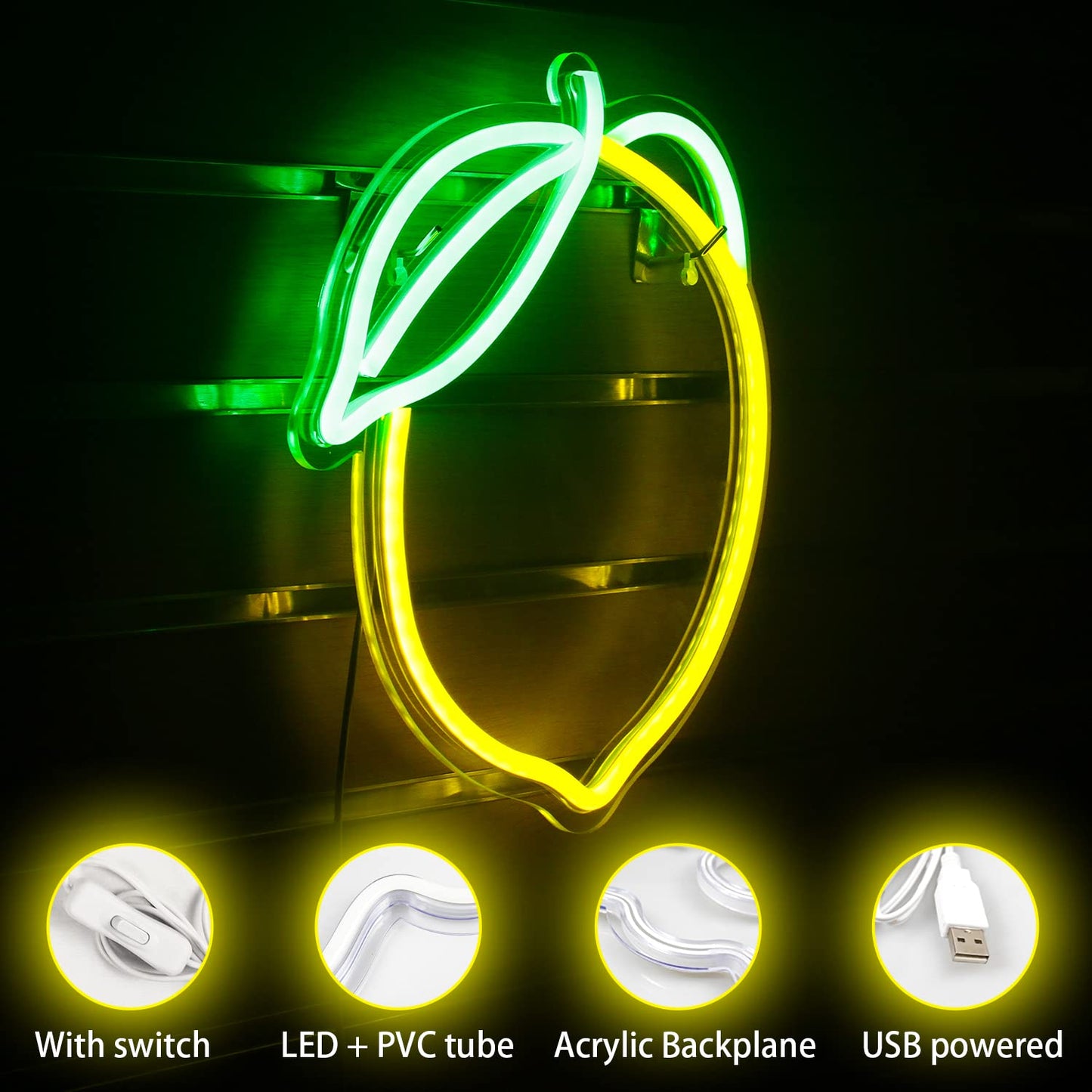 Wanxing Lemon Neon Sign - Led Fruit Shape Light For Bar, Kids Room, Wedding, 12.6X11, Yellow & Green, Model Ns-Wx-Lemon