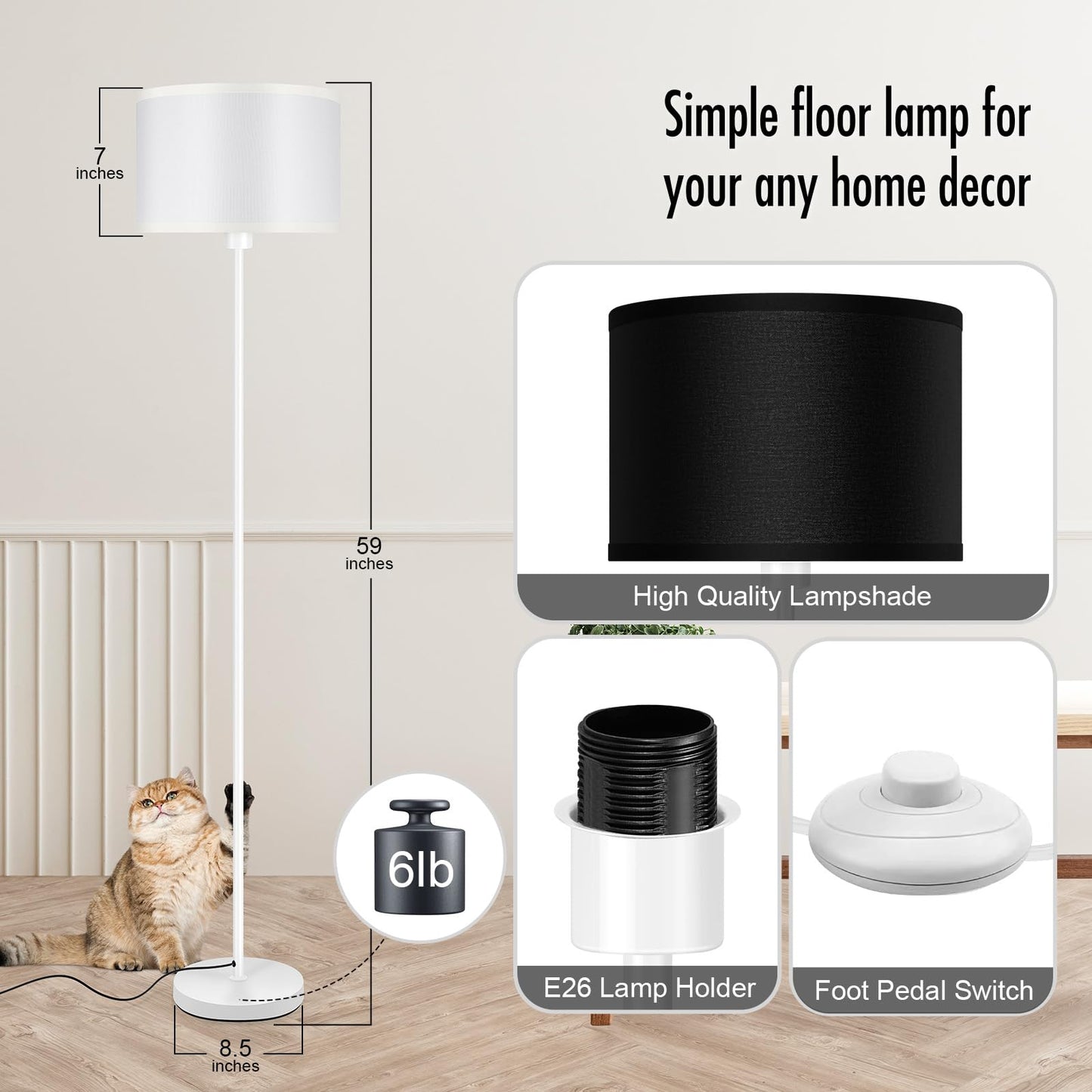 Floor Lamp White  Standing Lamp  58  Tall Floor Lamp With Black Lampshade  Foot Pedal Switch  Modern Bright Floor Lamps For Living Room/Bedroom/Classroom/Kids Room  White Lamp For Girls  Gift(No Bulb)