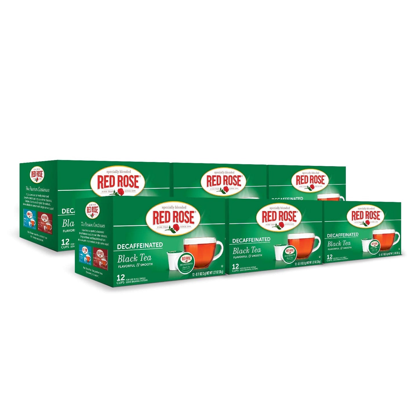 Red Rose Naturally Decaffeinated Black Tea Specially Blended Strong Black Tea with 12 Single Serve Tea K-Cups Per Box (Pack of 6