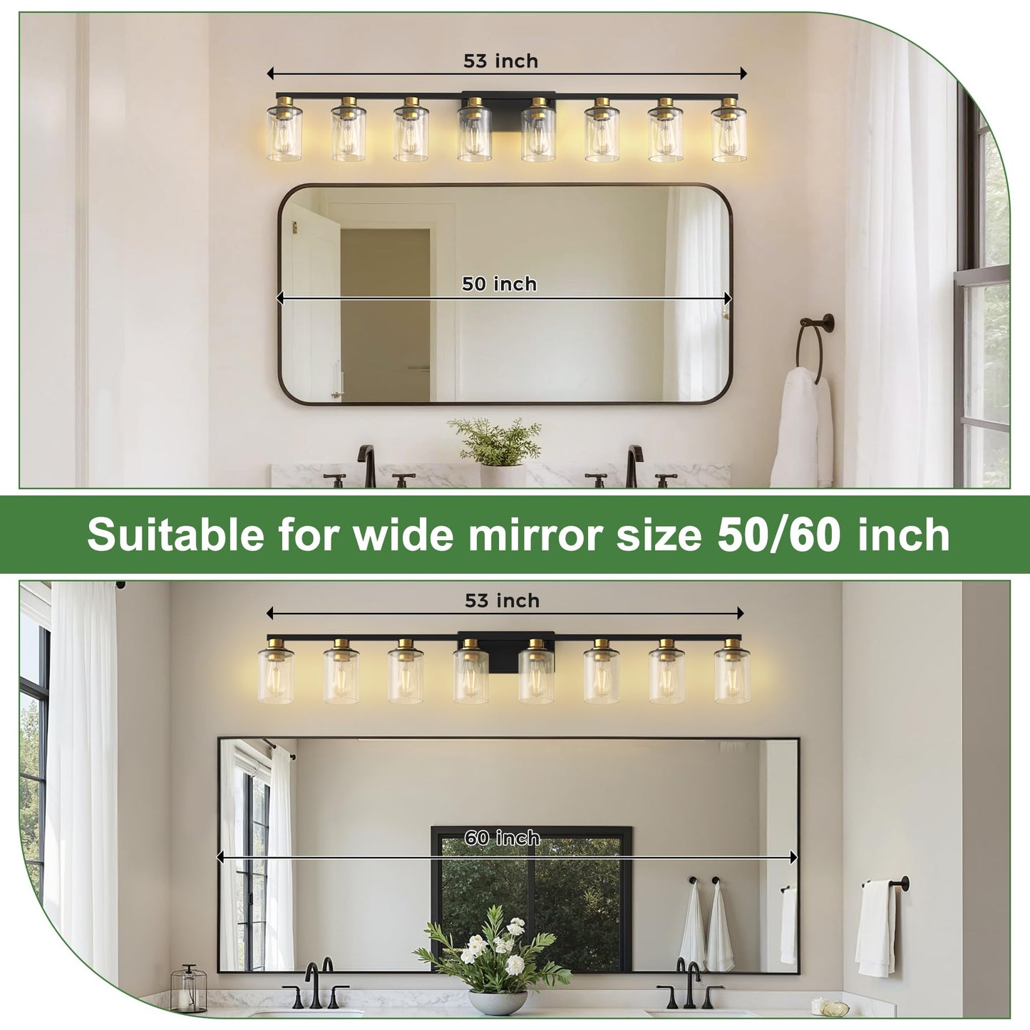 Doresshop 55 Inch Bathroom Light Fixtures  8-Light Black And Gold Bathroom Lighting Fixtures Over Mirror With Glass Shade  Modern Vanity Lights For Hallway Bedroom