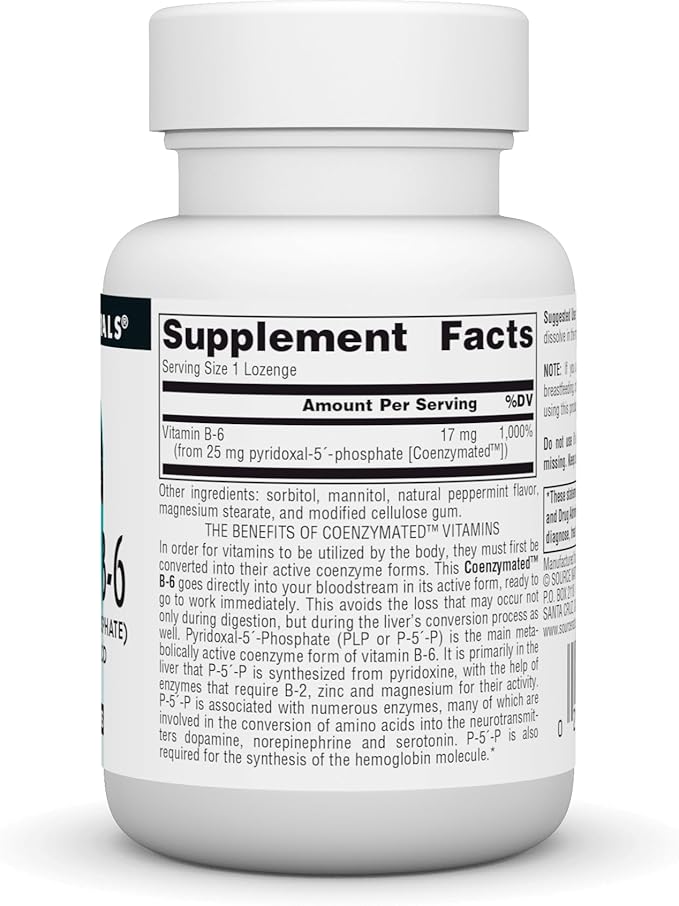 Source Naturals Coenzymated B-6 25mg P-5 Pyridoxal-5 Phosphate Fast-Acting, Quick Dissolve Vitamin Supports Amino Acid Metabolism* - 60 Lozenges