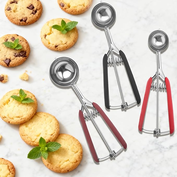 Cookie Scoops for Baking Set of 3, 18/8 Stainless Steel Ice Cream Scoop, 1 Tbsp/2 Tbsp/3 Tbsp Cookie Dough Scoop, Red/Black/Burgundy Non-slip Grip, for Cookie Cupcake Muffin Ice Cream