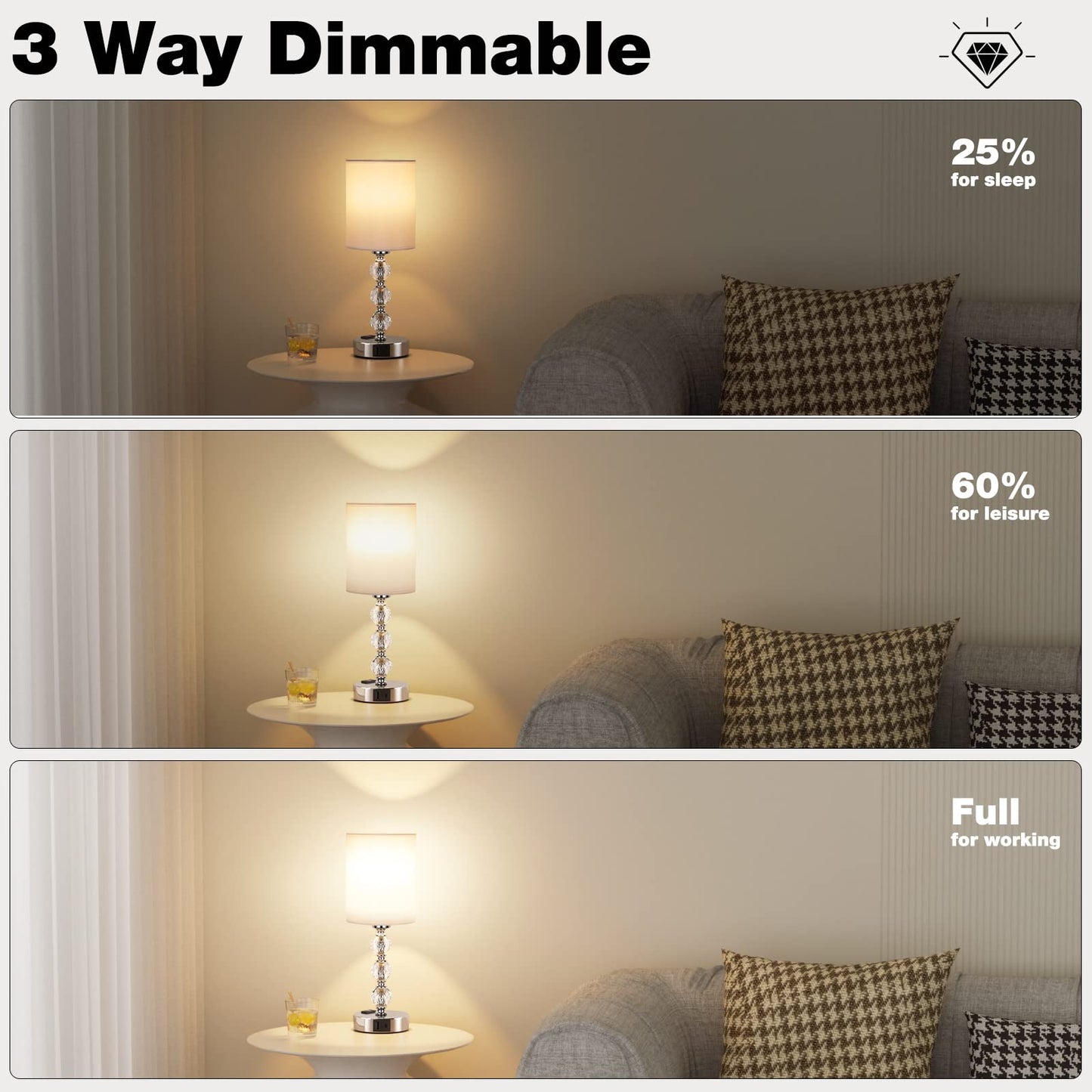 Acaxin Touch Bedside Crystal Lamp With Usb Charging Port, 14.6In, White, 3-Way Dimmable For Bedroom, Living Room, Kitchen