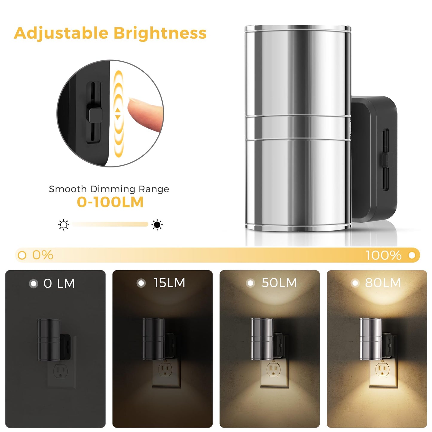 L LOHAS LED Night Light, 1-Pack, Dimmable Soft White 3000K, Light Sensor, Smooth Silver Glossy Plating, Model GY060US-02-DCH2