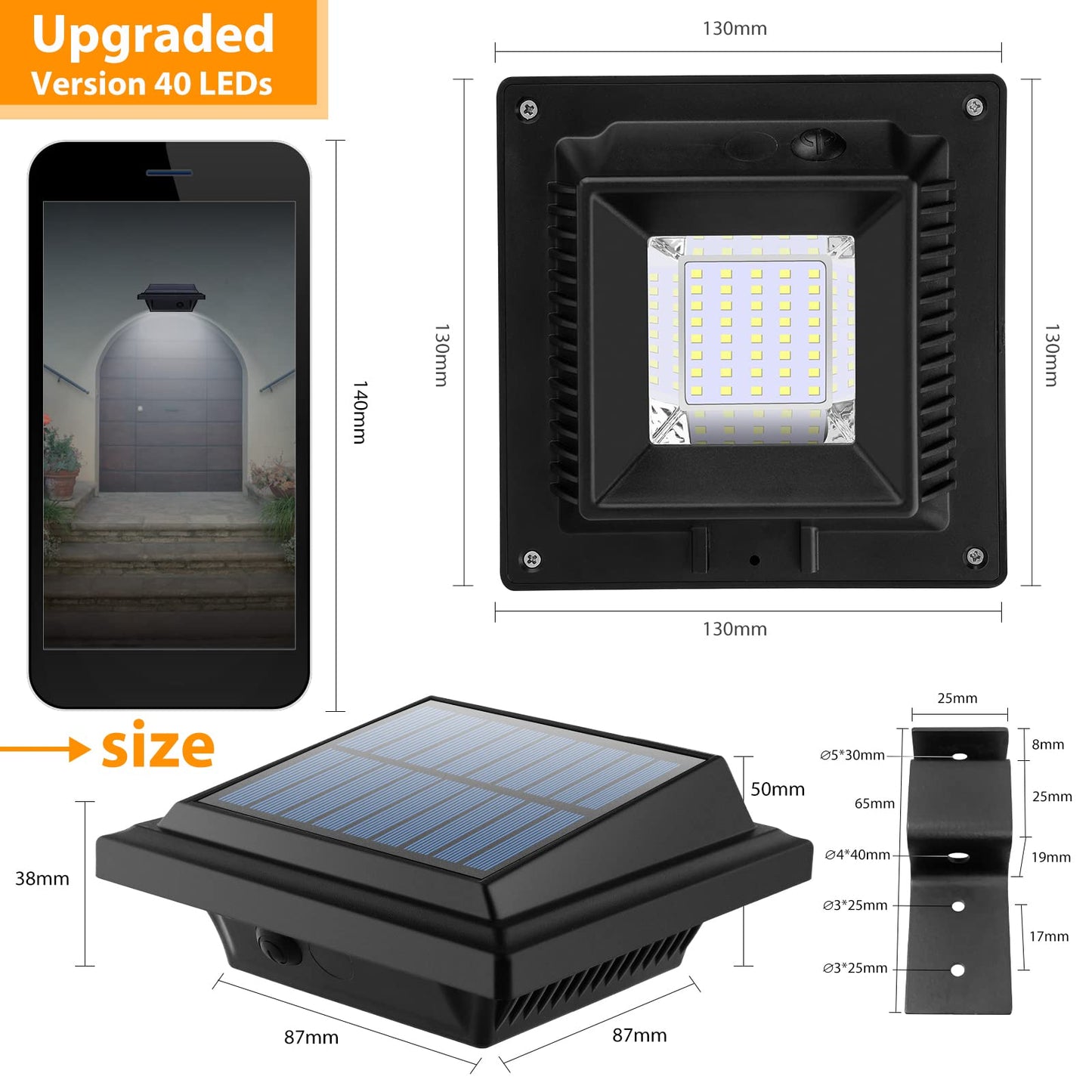 UniqueFire Solar Gutter Lights - 40 LEDs, Waterproof Outdoor Fence Lights, Black/Cool White, 2 Pack, Model DEH10011