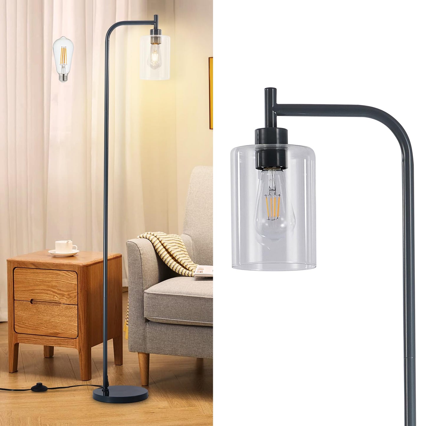 DINGLILIGHTING Floor Lamp Tall Grey Metal with Clear Glass Shade, Model WSFLL005-GY, 8W LED Bulb Included