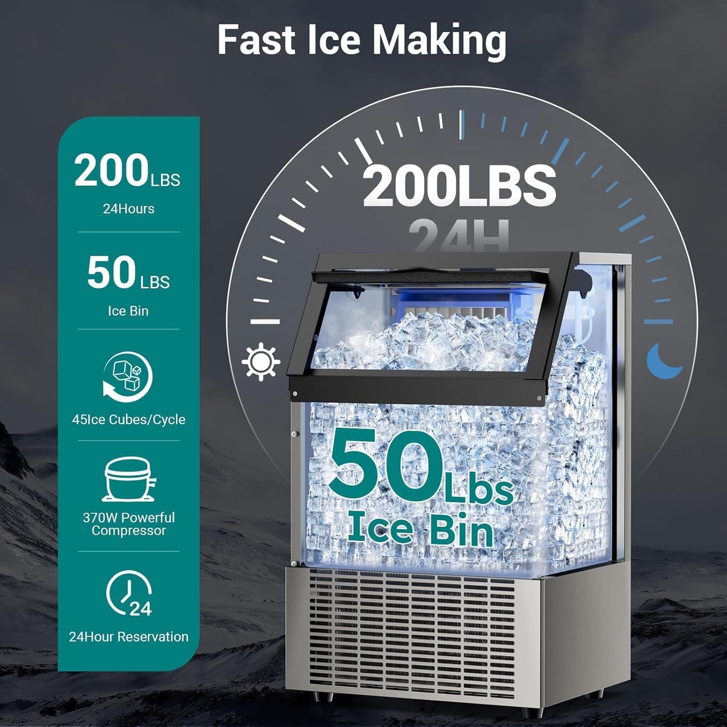 ETL Approval Commercial Ice Maker Machine 200 Lbs/24H Stainless Steel, with 50Lbs Storage Bin, Under Counter or Freestanding Ice Maker, 55 Ice Cubes in 8-15 Minutes for Home & Commercial