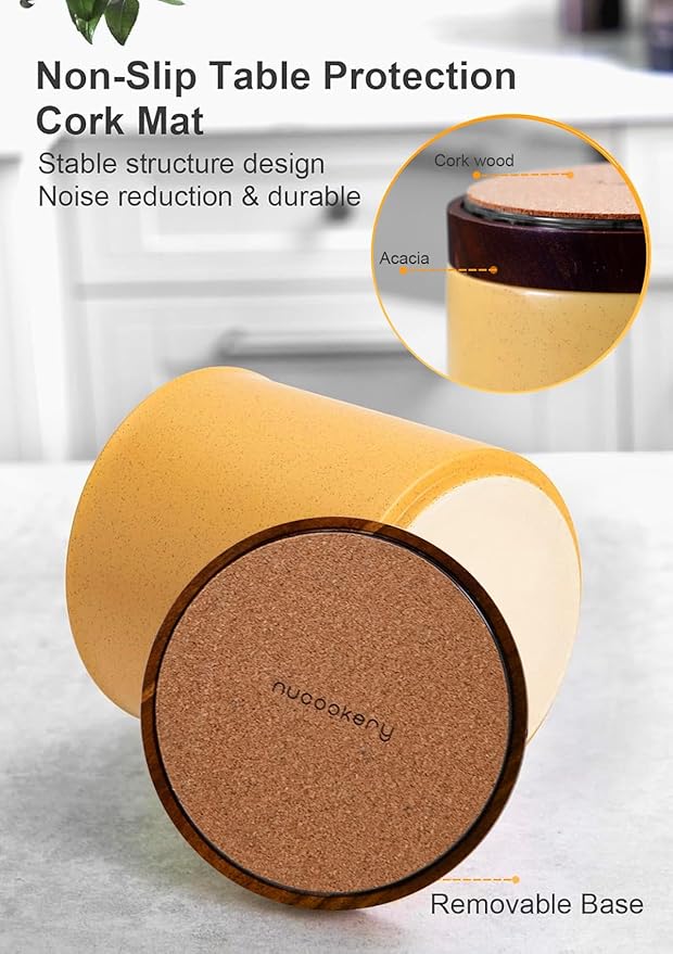 Nucookery 360°Rotating Utensil Holder, 7.2" Kitchen Utensil Crock, Ceramic Cooking Utensil Organizer with Countertop-Protection Cork Bottom for Farmhouse Kitchen Decor Christmas (Yellow Sand)