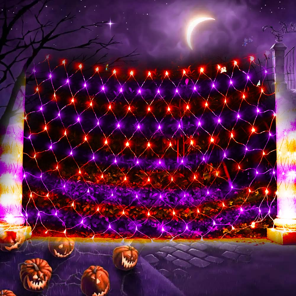 Led Net Light Halloween Decor Mesh Lights  240Led Timer Tree Warp Fairy Lights Outdoor Hanging String Light For Home  Bedroom  Christmas  Garden  Walkway  Bushes Decor-9.8Ft X 6.6Ft(Purple&Orange)