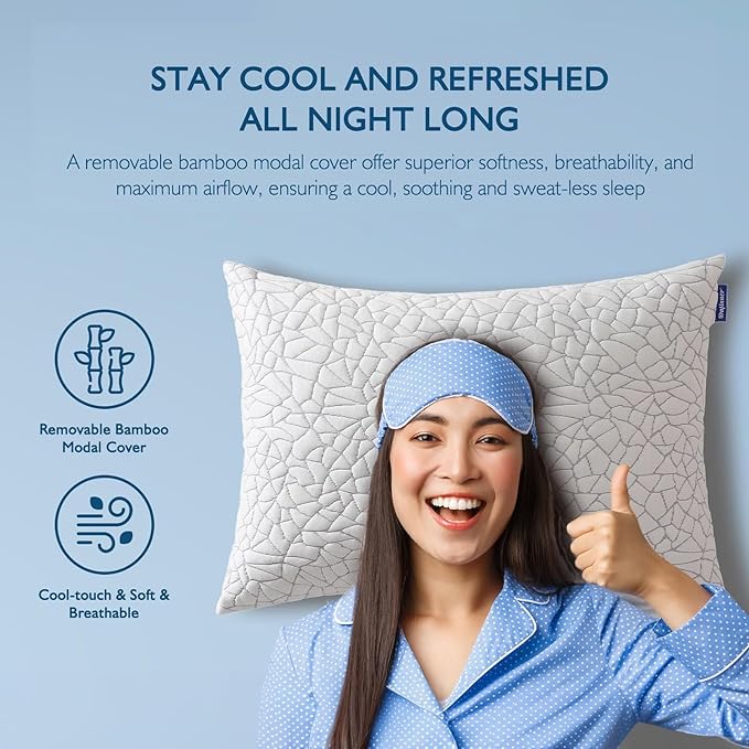Dafinner Adjustable Shredded Memory Foam Pillow Standard/Queen Size - 100% Removable Cover from Bamboo Derived Rayon, Cooling Medium Bed Pillow for Side Stomach & Back Sleepers - Pack of 1, 20"x28"