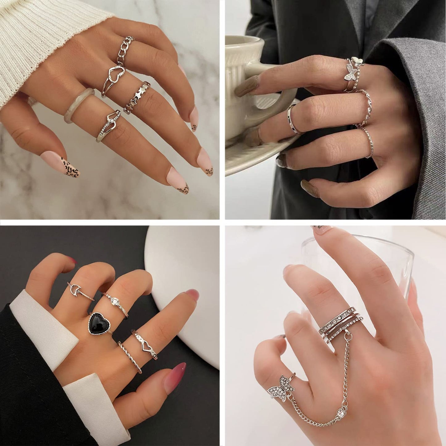 IFKM 21 PC Silver Plated Jewelry Set with 3 Necklace, 3 Bracelet, 15 Knuckle Rings for Women - Valentine, Anniversary, Birthday, Friendship - Cute Fashion Gifts