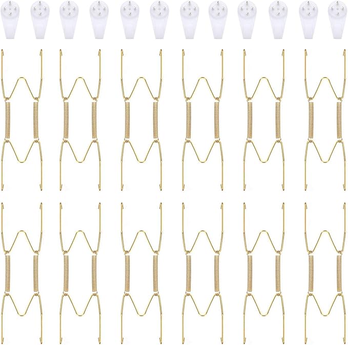 Hotop 12 Pieces Plate Hangers for Wall 6 Inch Stainless Steel Wire Invisible Plate Hangers Heavy Duty Display Holders with 12 Pieces Hooks for Wall Decorative(Gold)