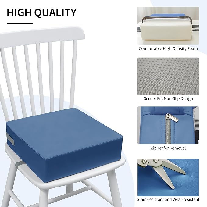 Toddler Booster Seat for Dining Table, 2 Elastic Seat Belts, Anti Scratch PU Skin-Friendly, Waterproof, Anti-Wrinkle, Detachable Non-Slip Bottom - Blue