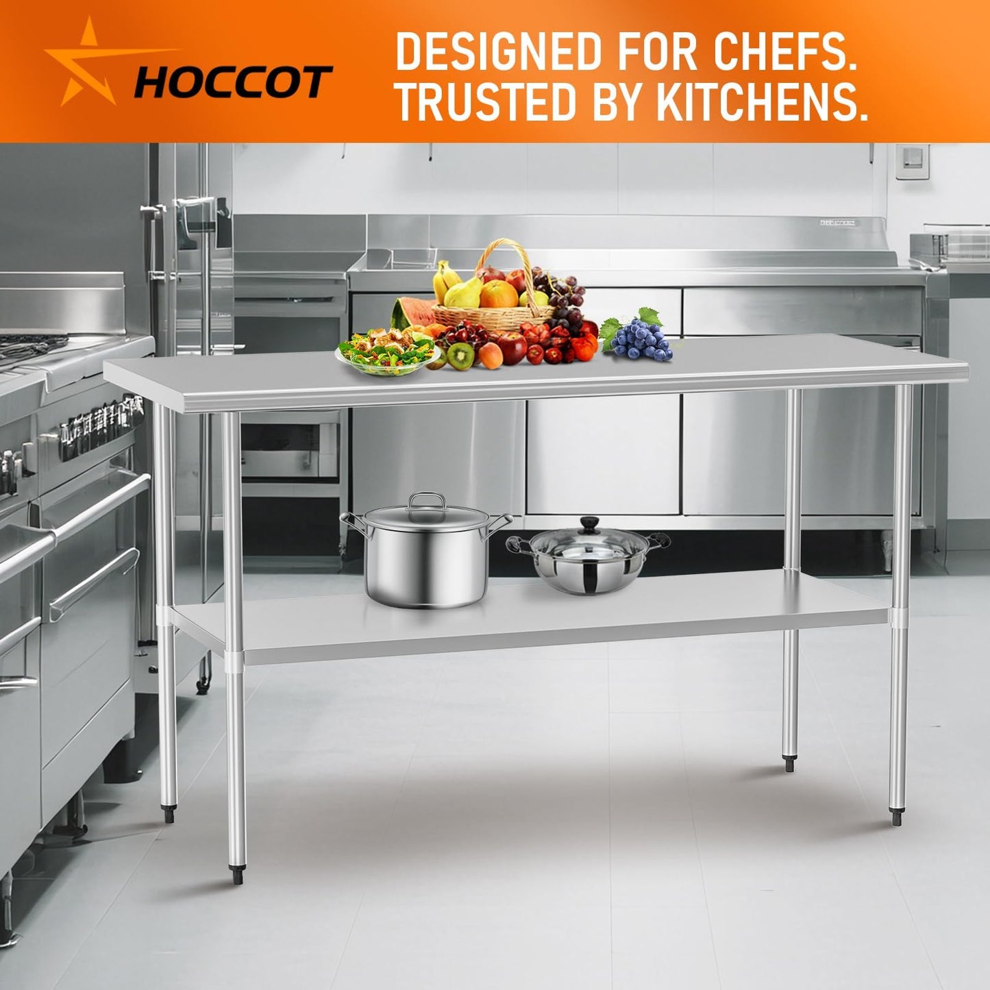 HOCCOT Stainless Steel Table for Food Prep & Work 30 x 60 inches Utility Table with Adjustable Undershelf, Commercial Workstation in Kitchen, Garage, Outdoor BBQ