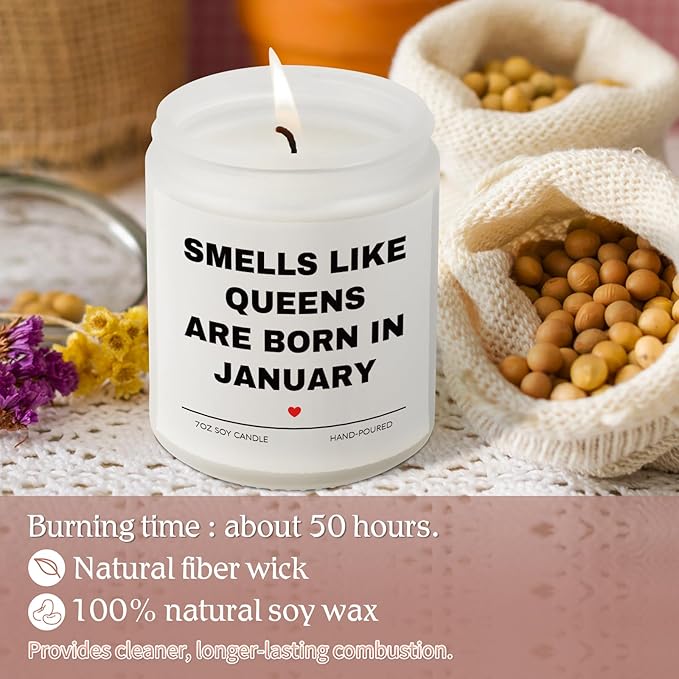 Birthday Gifts for Women, January Candle for Queens are Born in January, 20th 30th 40th 50th Happy Bday Gifts Idea for Girl Female Sister Mom Friend from Men Sister Son Friends, 7 OZ Candle