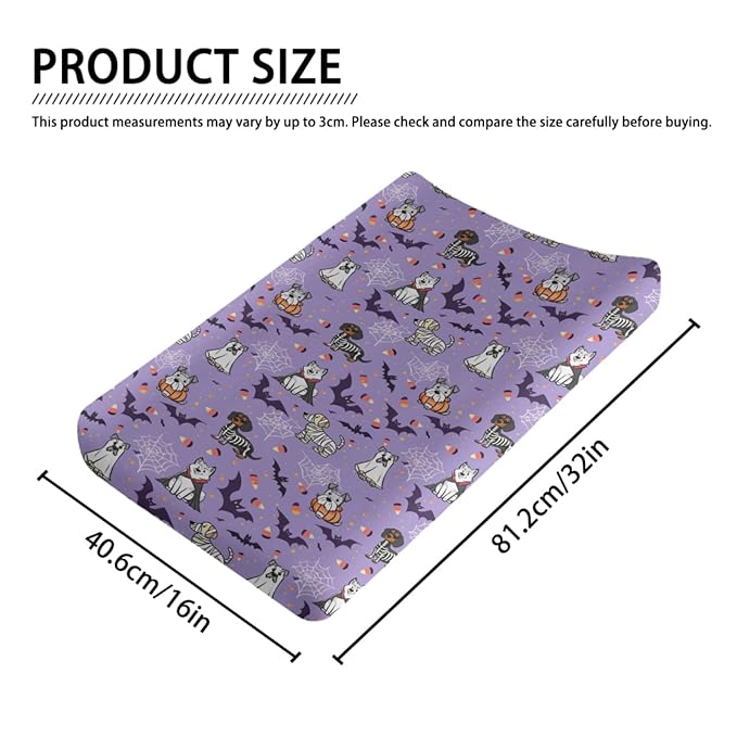 Cartoon Cute Halloween Dogs Bats Candy Corn Pattern Baby Changing Pad Cover, Unisex Fall Winter Holiday Nursery Diaper Changing Table Pad Mat Sheet for Boys Girls-16x32