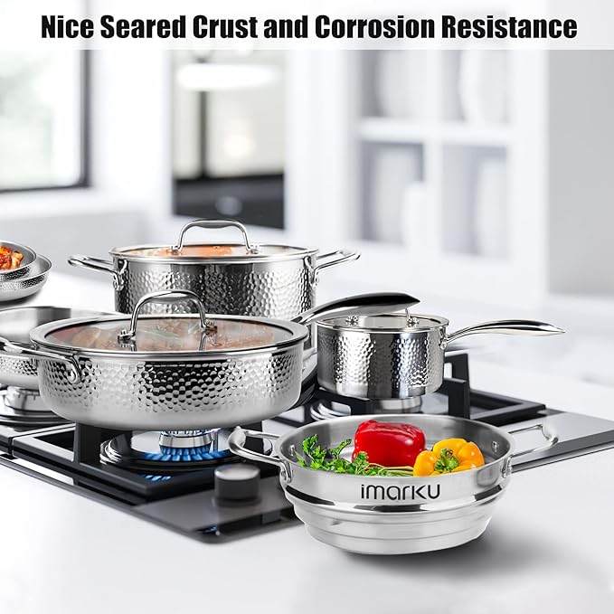 imarku Pots and Pans Set, 14PCS Kitchen Cookware Sets Tri-Ply Clad Stainless Steel with Hangered Handle and Lids, Suits Ceramic and Induction, Oven and Dishwasher Safe, Best Gifts for Women Man