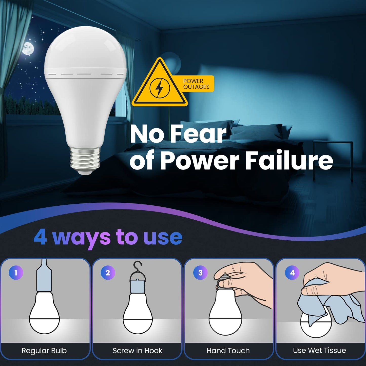 LHZHENG Rechargeable LED Light Bulb, 12W Equivalent, 1200mAh, White, 10 Pack, Portable with Hook for Home, Camping, Hiking