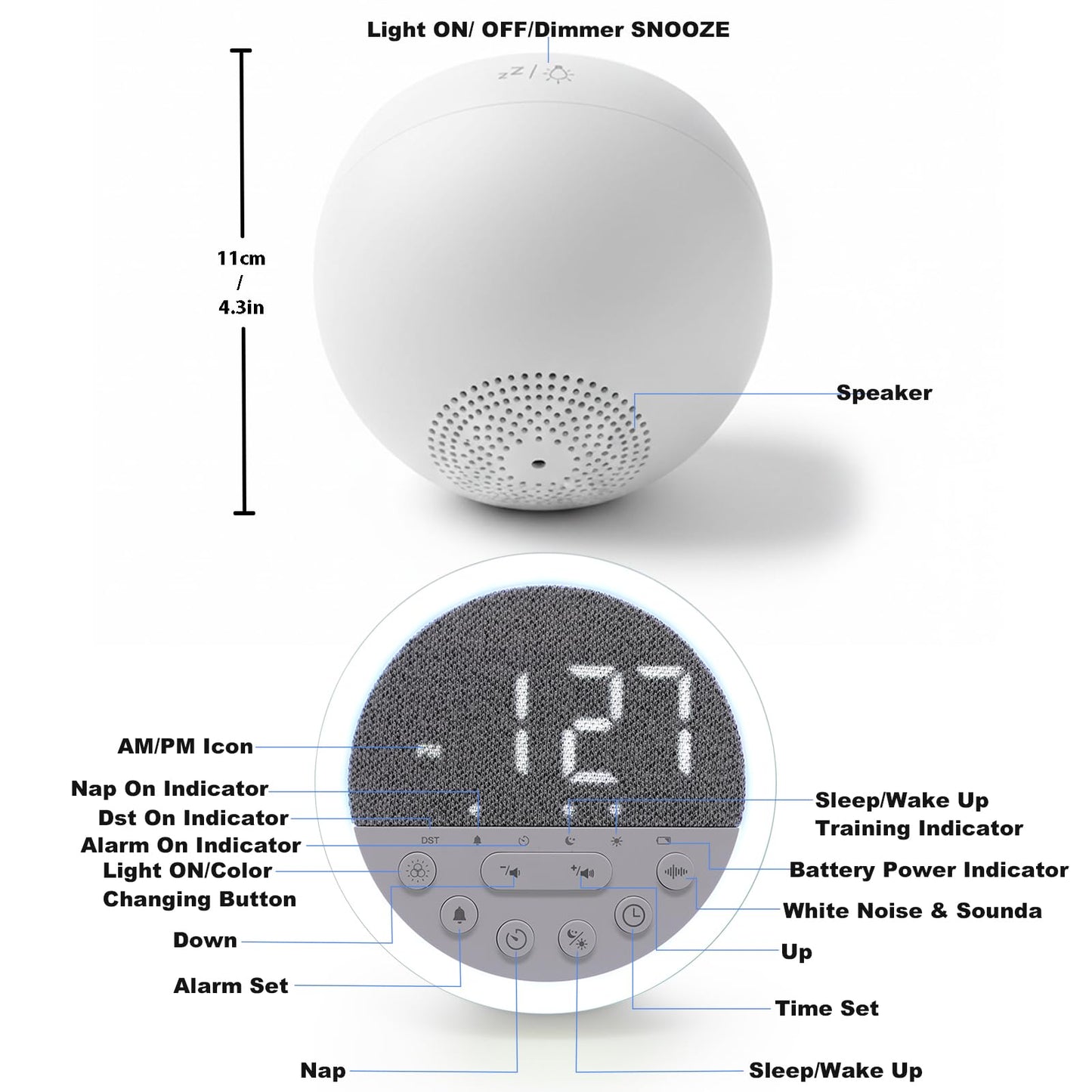 Sunrise Alarm Clock and Sound Machine Nightlight Adjustable Brightness, Rechargeable Wake Up Light Digital, Sleep Timer, Sleep Sounds, White Noise for Baby Kids Adults, Nature Soft Light for Bedroom