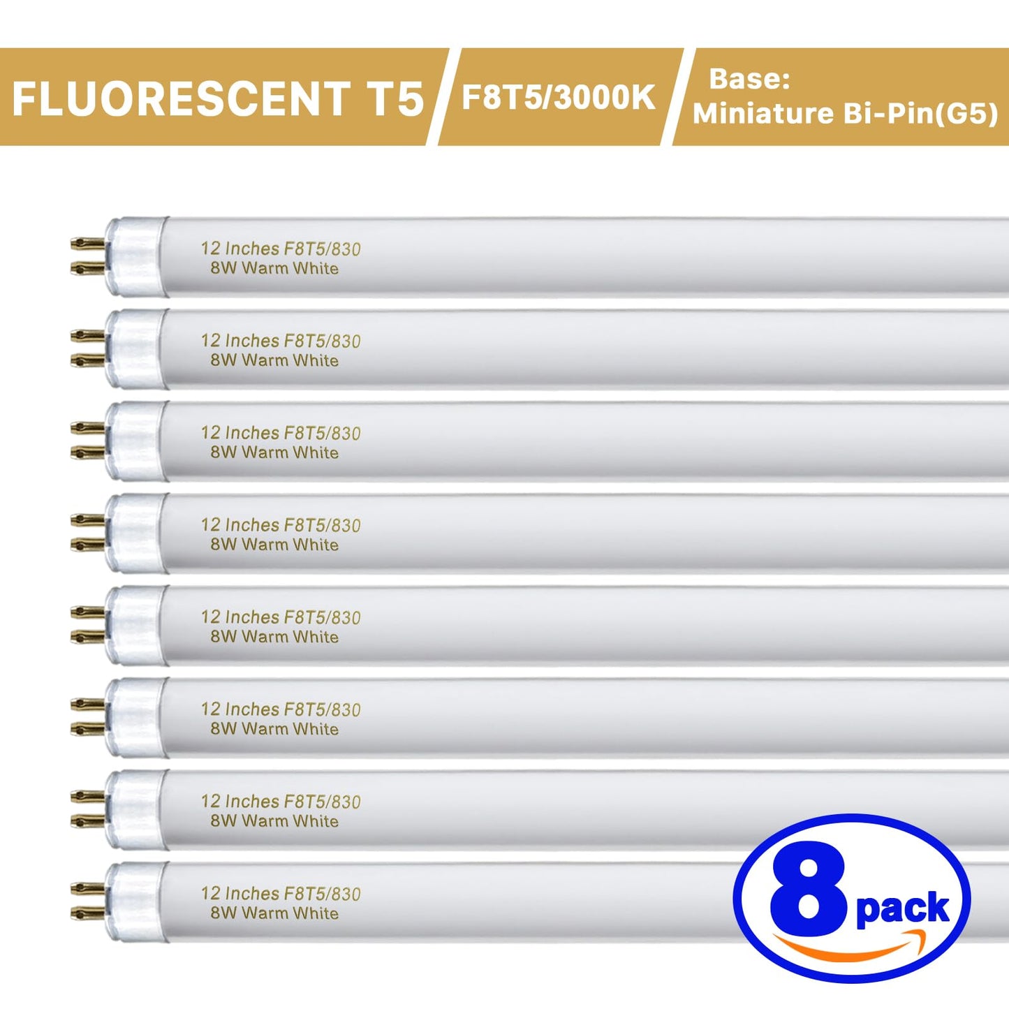 Konideke 8 Pack F8T5/WW Fluorescent Bulbs Warm White, 12 inch Under Cabinet Light Bulb, T5 8 Watt Fluorescent Tube Soft White, G5 Mini Bi 460 Lumens No Dimmable