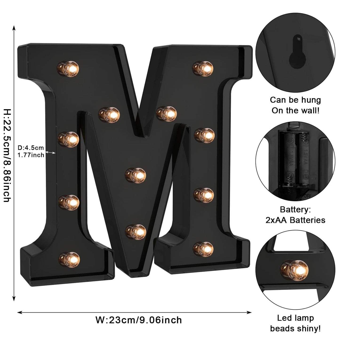 Foaky Black LED Letter Lights - Battery Operated, M Size, Plastic Material for Room Decor, Wedding, Party