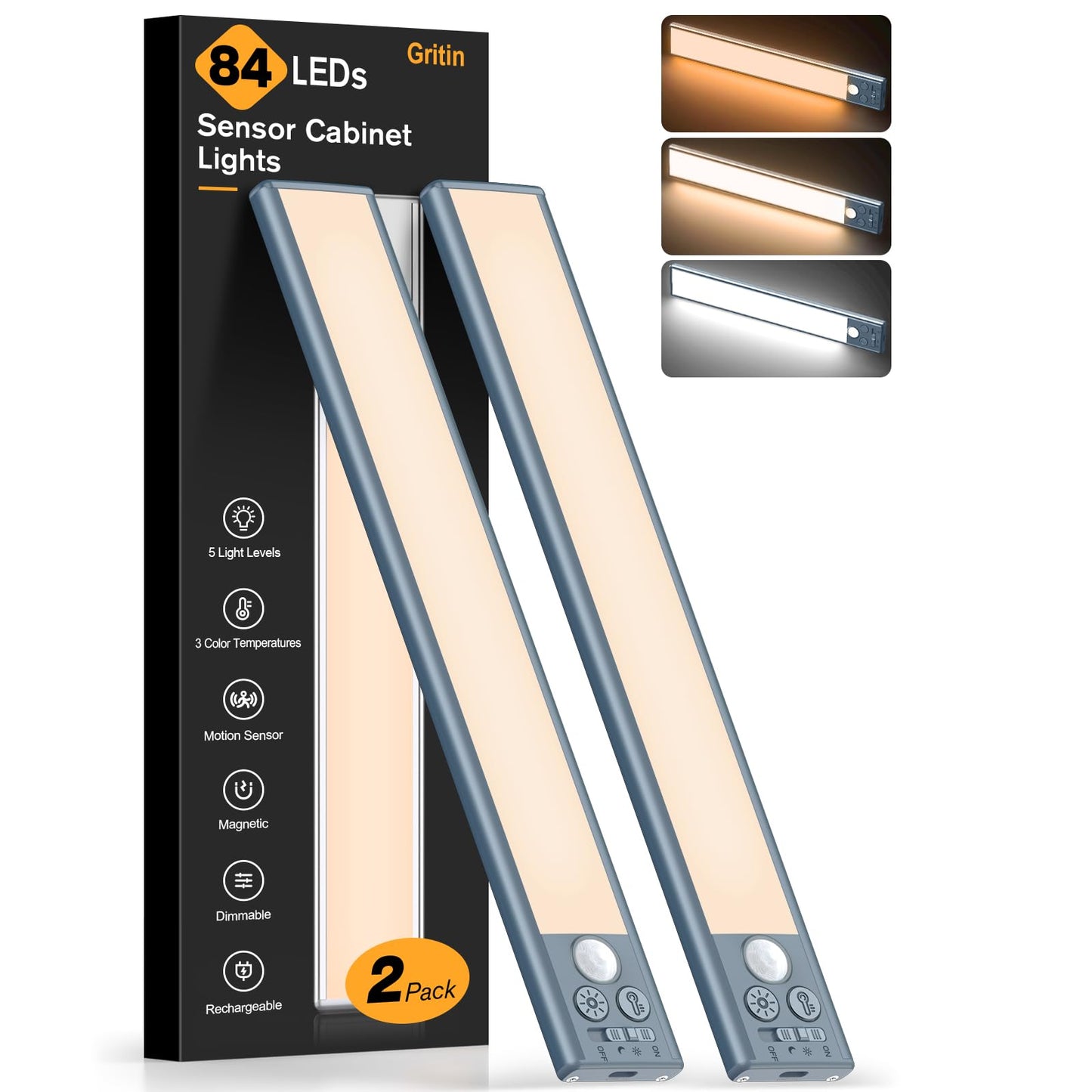 Gritin Under Cabinet Lighting - 10.2 inch, Rechargeable, 84 LED, Motion Sensor, 3-Color, Sea Blue - Model G1358, 2 Pack