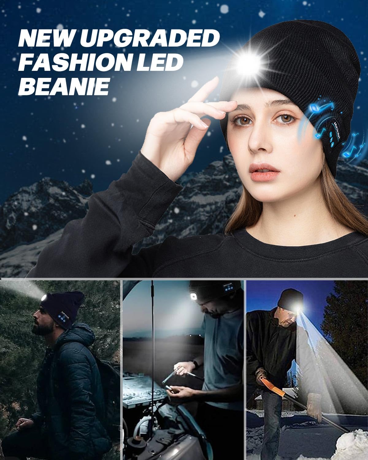 Moxtoyu Bluetooth Beanie With Light  Usb Rechargeable Led Headlamp Winter Hat  Christmas Stocking Stuffers Gifts For Men Women  Hatlight For Running Hiking Hunting Skiing Black
