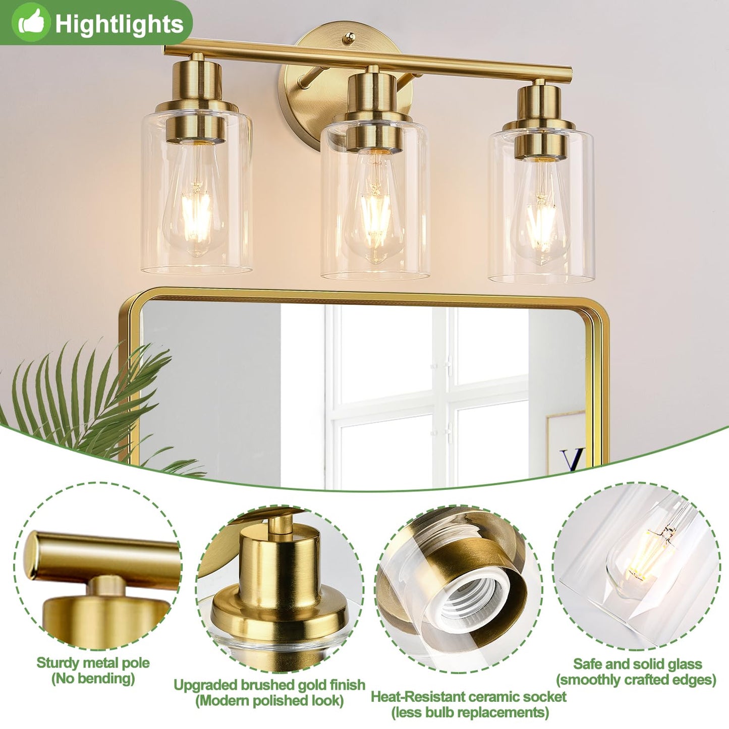 Zarbitta 3-Light Bathroom Vanity Light Fixtures, Brushed Gold Metal with Clear Glass Shade