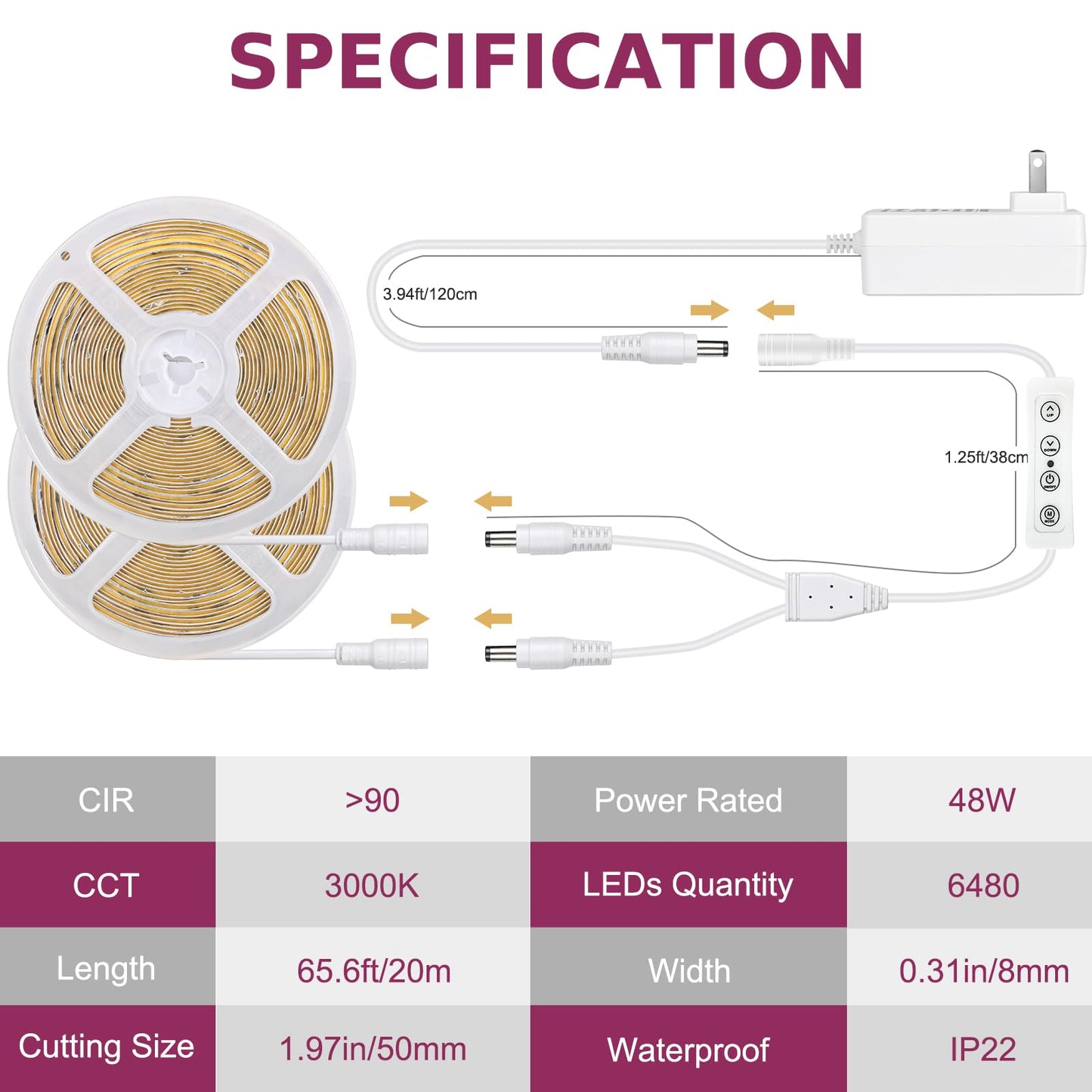 Wefomey 65.6Ft Cob Led Strip Light With Remote  3000K Dimmable Bright Warm White Led Lights Strip  Flexible Dc24V Led Tape Light For Bedroom  Kitchen  Diy Lighting (2 Rolls Of 32.8Ft)