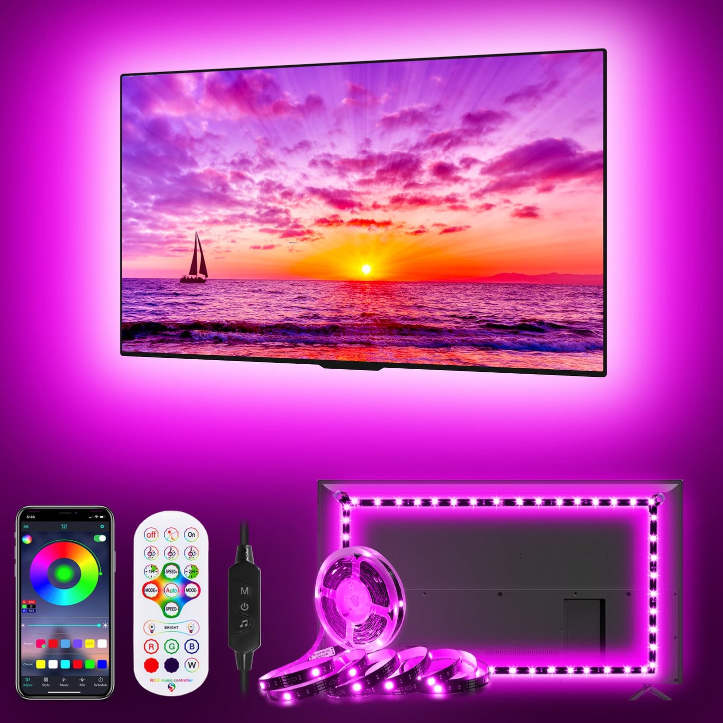 HORYLIT LED TV Backlight, 16.4ft for 55-70in TV, Multicolor, USB Remote Control, Model HR-QLD-03