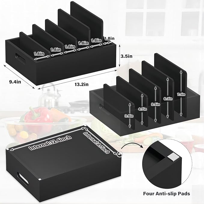 Bamboo Lid Organizers Inside Cabine, Lid Organizer Kitchen Cabinet with 5 Adjustable Dividers, Food Container Plastic Lids Organizer Holders for Drawer Pantry, Black