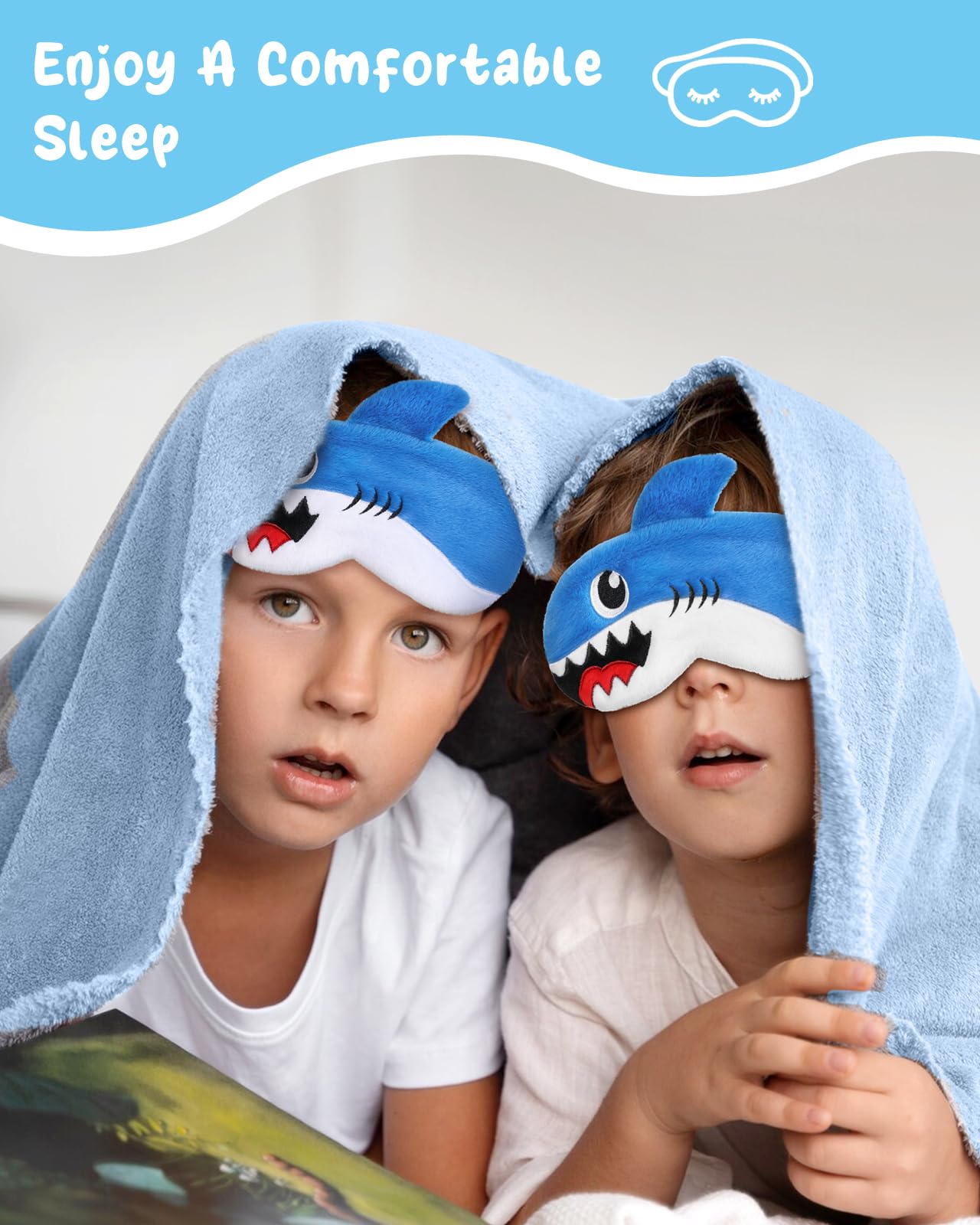 Miss Adola Sleep Mask for Kids - Valentines Gift for Kids Cute Plush Fuffy Sleeping Eye Cover Kawaii Soft Eyeshade Animal Eye Blindfold for Girls Boys Teens with Adjustable Strap, Shark