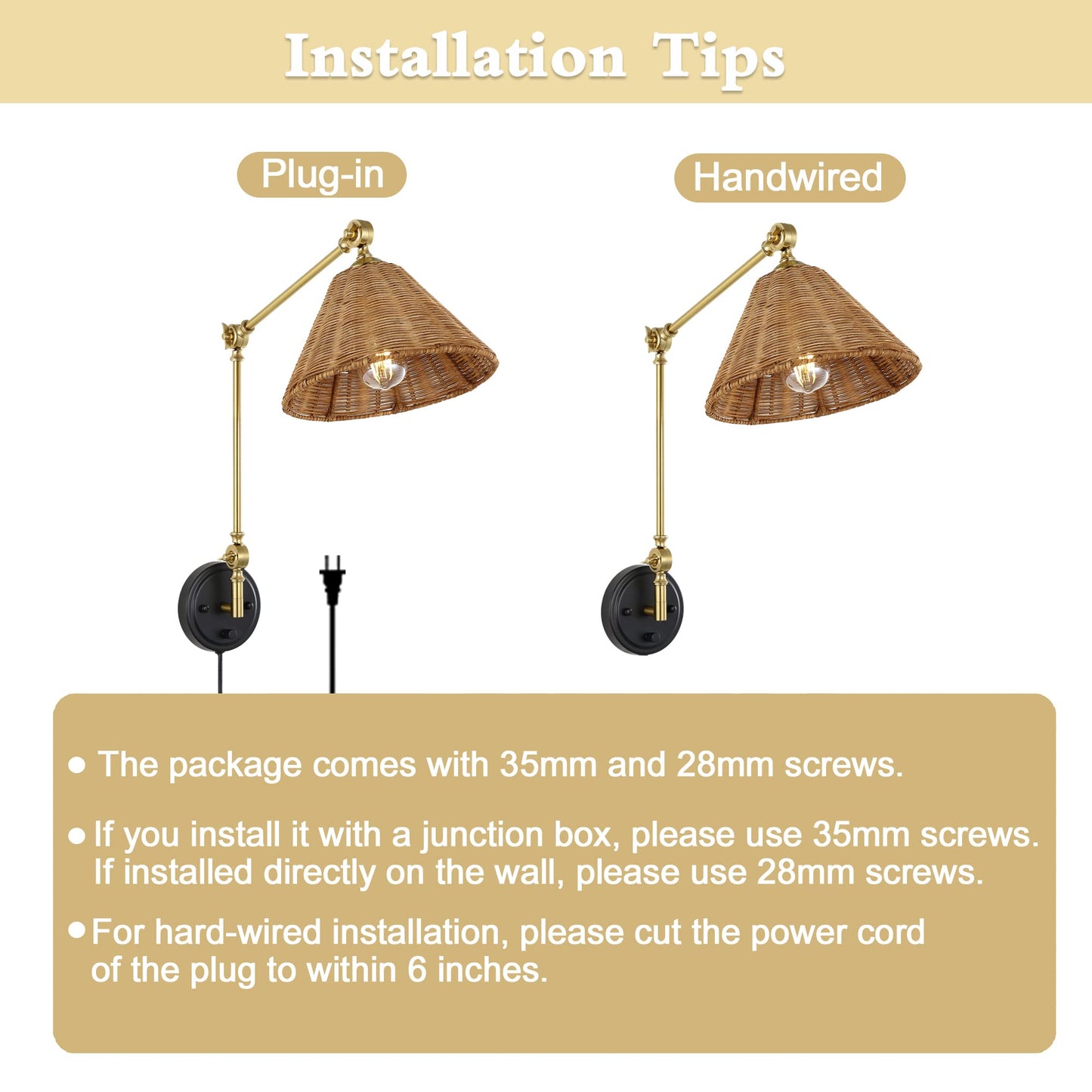 Wingbo Wall Sconce - Adjustable Rattan Wrapped Lamp, Brass & Wicker Shade, Gold/Black, Vintage Design, Plug-In Or Hardwire
