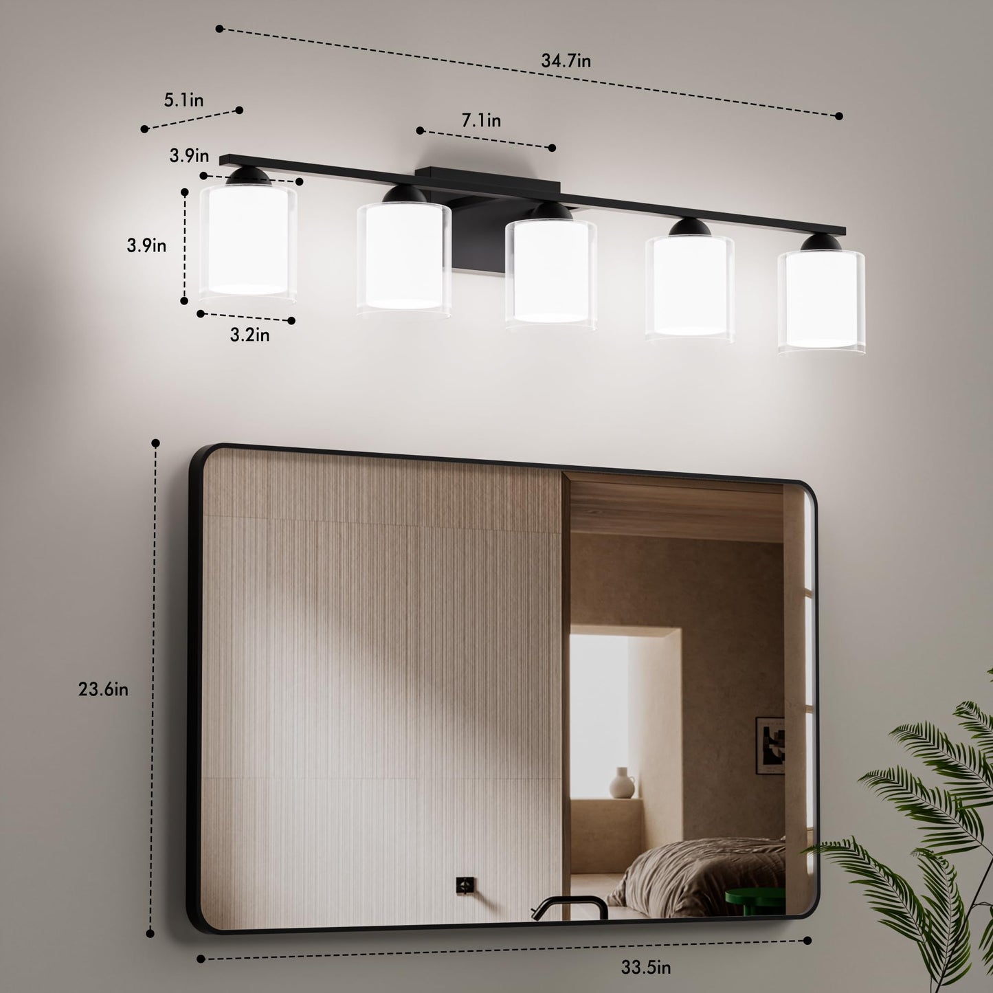Quntis Bathroom Vanity Light Fixture - 5 Light Dimmable LED, Milk White Frosted Glass, 35W, 33 Inch, Black & Clear