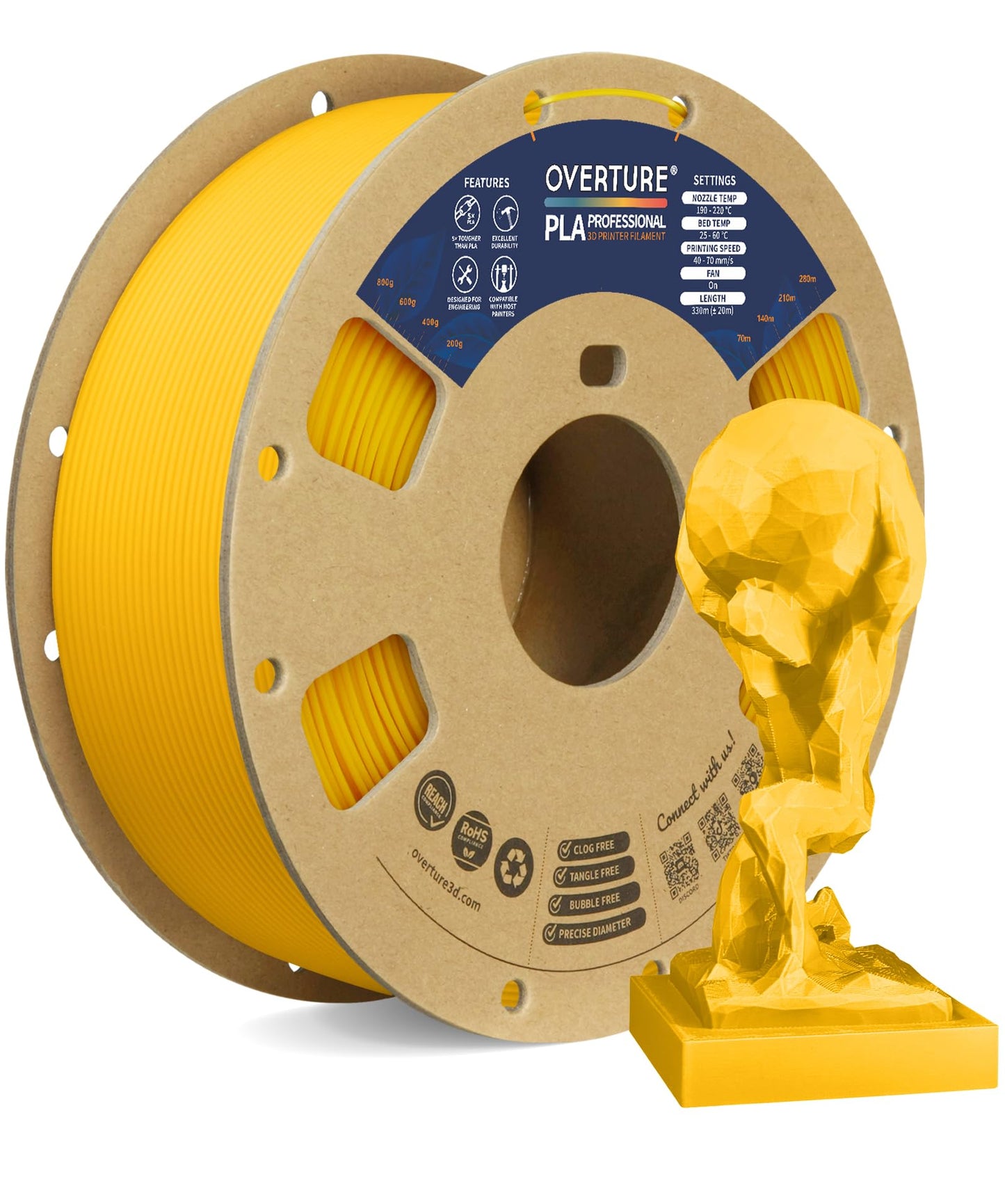 OVERTURE PLA Plus (PLA+) Filament 1.75mm, Stronger & More Durable, Professional Toughness 3D Printer Filament 1kg (2.2lbs), High Precision +/- 0.02mm, Tangle-Free (Yellow)
