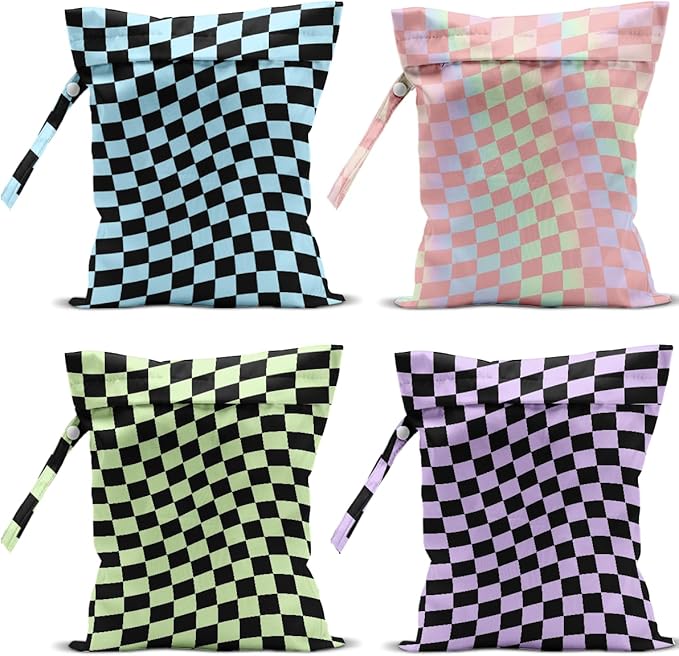 4 Pack Multicolor Checkered Wet Bag Waterproof Washable Reusable Wet Dry Bag for Swimsuit Clothes Cloth Diaper Travel Beach Pool Yoga Gym Toiletries Gift for Women Sister Bestie Birthday Christmas