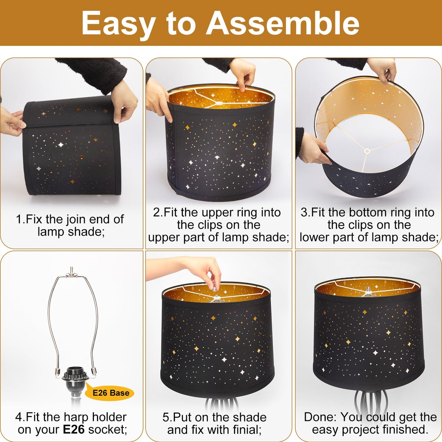 Seaside Village Black Drum Lampshades Set of 2, Sky Stars Design, 12.6inx12.6inx9.8in, Fabric & PVC