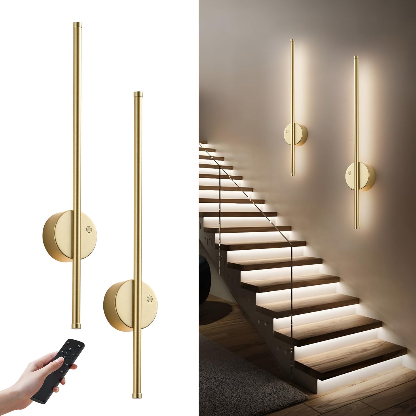 Motion Sensor Battery Operated Wall Sconce Set Of Two - Modern Rechargeable Wireless Wall Lights With Remote Control  Dimmable  3000K/4000K/6000K  Timer For Living Room  Hallway 23.6 Inch  Gold