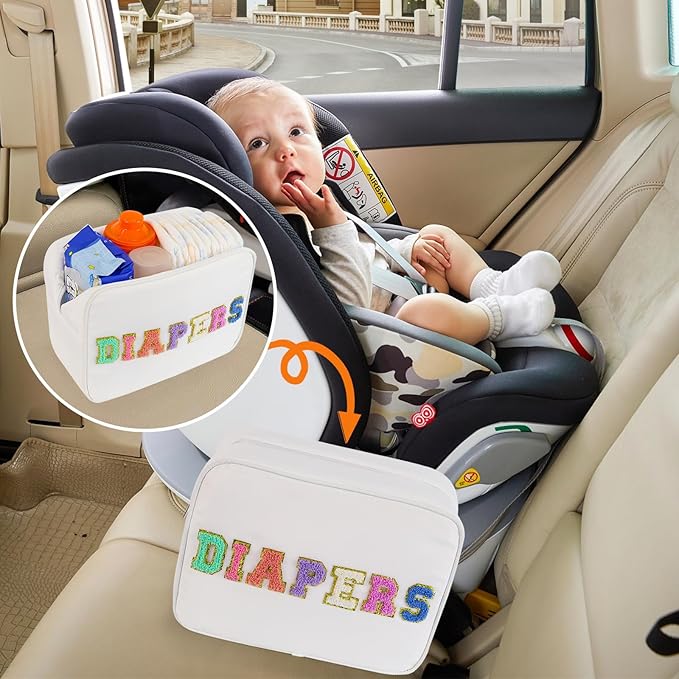 Portable Small Diaper Bag, Chenille Letter Diaper Caddy Organizer Pouch Newborn Baby Essentials Must Haves for Nursery Changing Table, White Waterproof Diaper Pail Baby Shower Gifts for Mom To Be